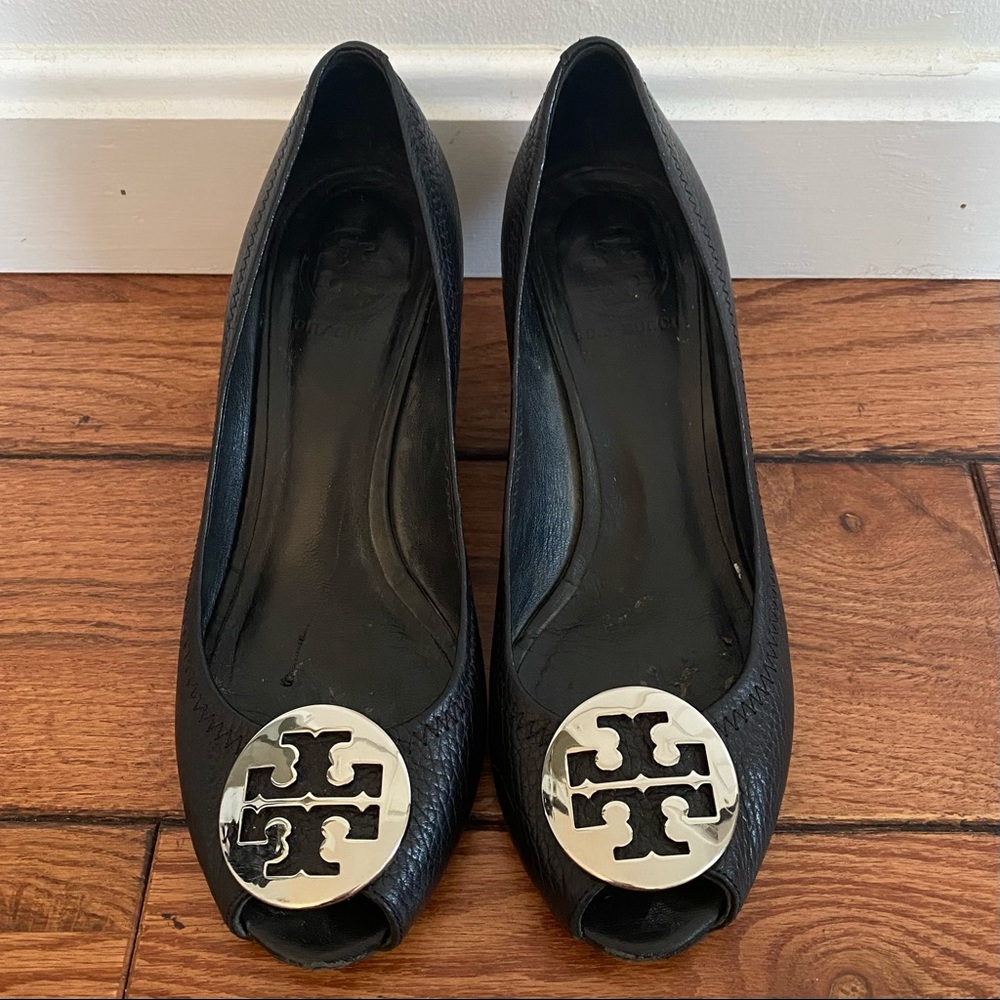 Tory Burch Peep Toe Wedge - Black
